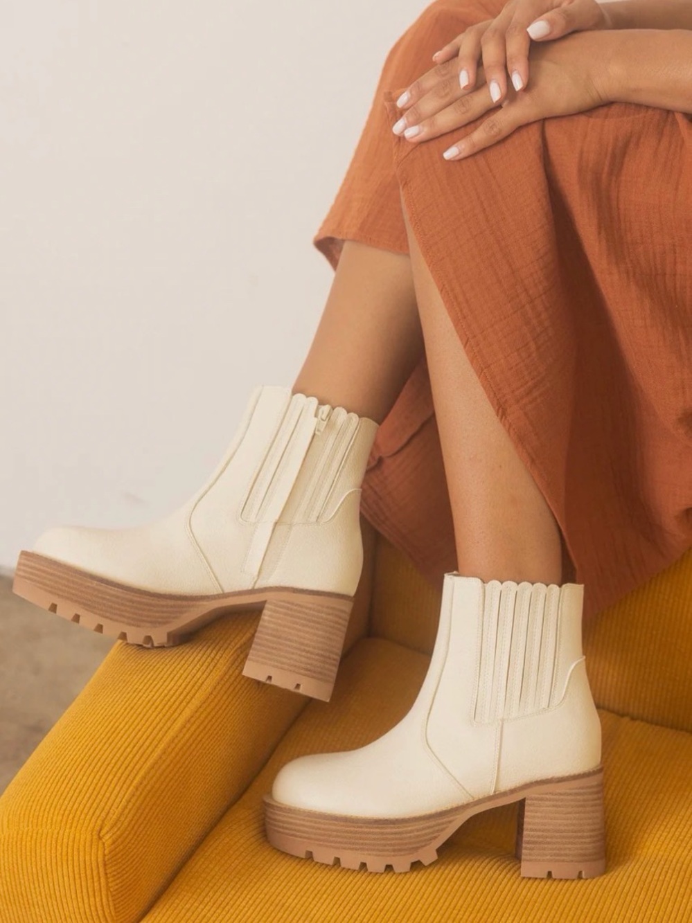 Women's Cream Chelsea-Style Ankle Boot with Block Heel